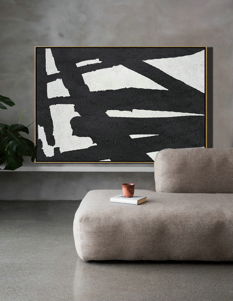 Extra Large Paintings,Hand Painted Oversized Horizontal Minimal Art On Canvas, Black And White Minimalist Painting - Canvas Wall Paintings